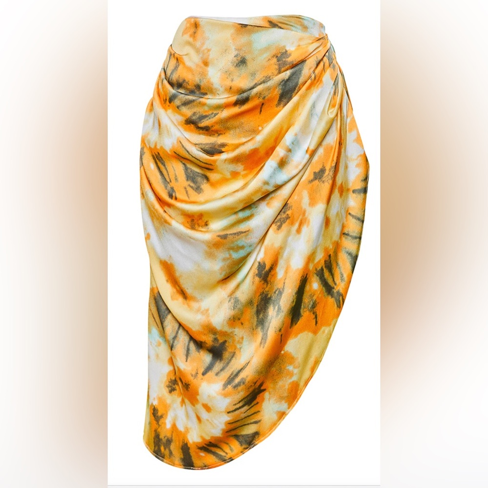 PrettyLittleThing Orange tie dye ruched side skirt size 4